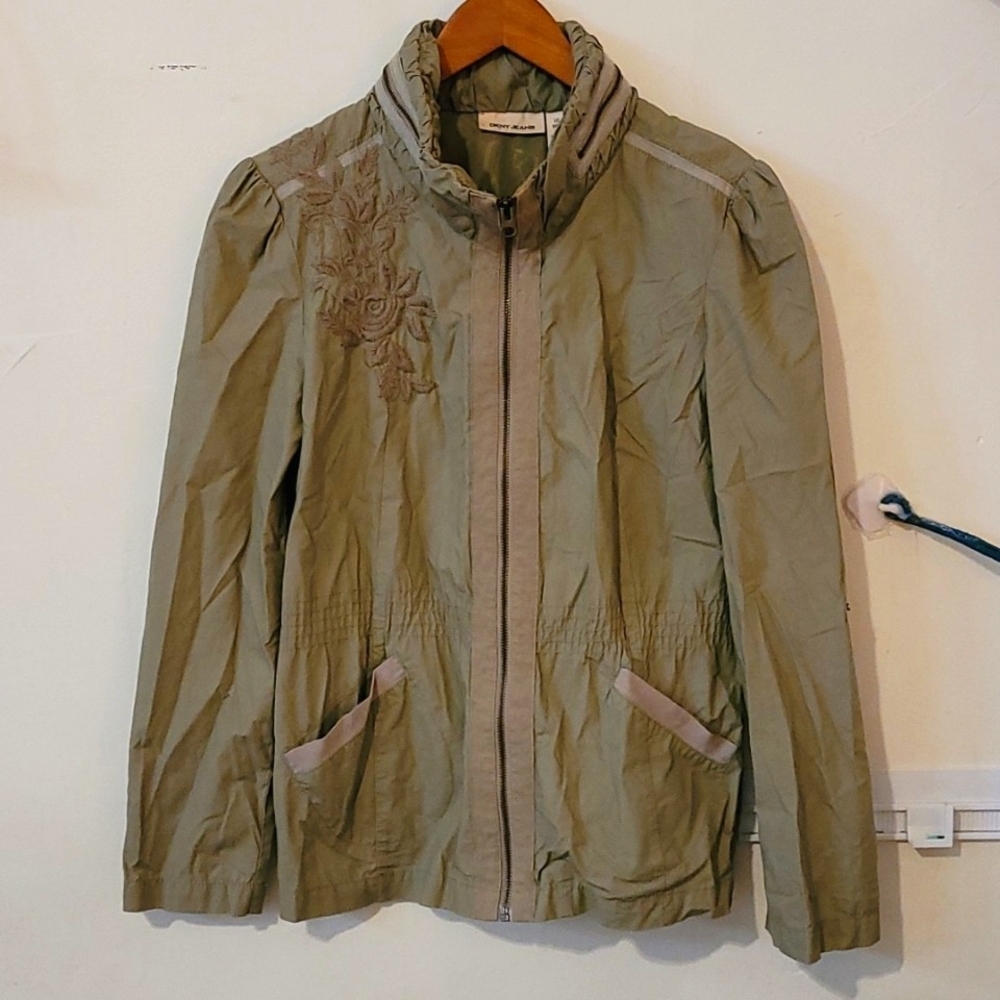 Vintage DKNY olive green zip-up collared windbreaker jacket, size small.